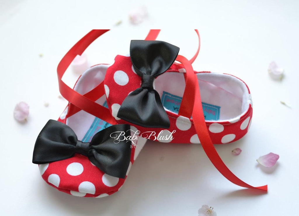 Minnie Inspired Baby Shoes Red Polka Dot Infant Girl Bow Slippers First Birthday Outfit Baby Shower Gift Disney Style Baby Boutique Shoes