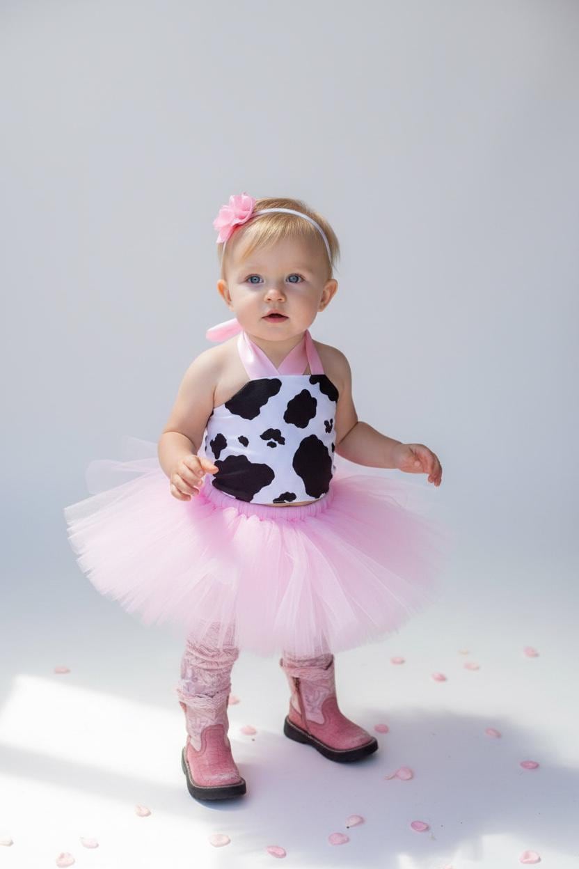 Pink Cow Tutu Baby Outfit Set Infant Girl Tutu Skirt Farm Animal Costume First Birthday Photo Outfit Baby Shower Gift Pink Boutique Set