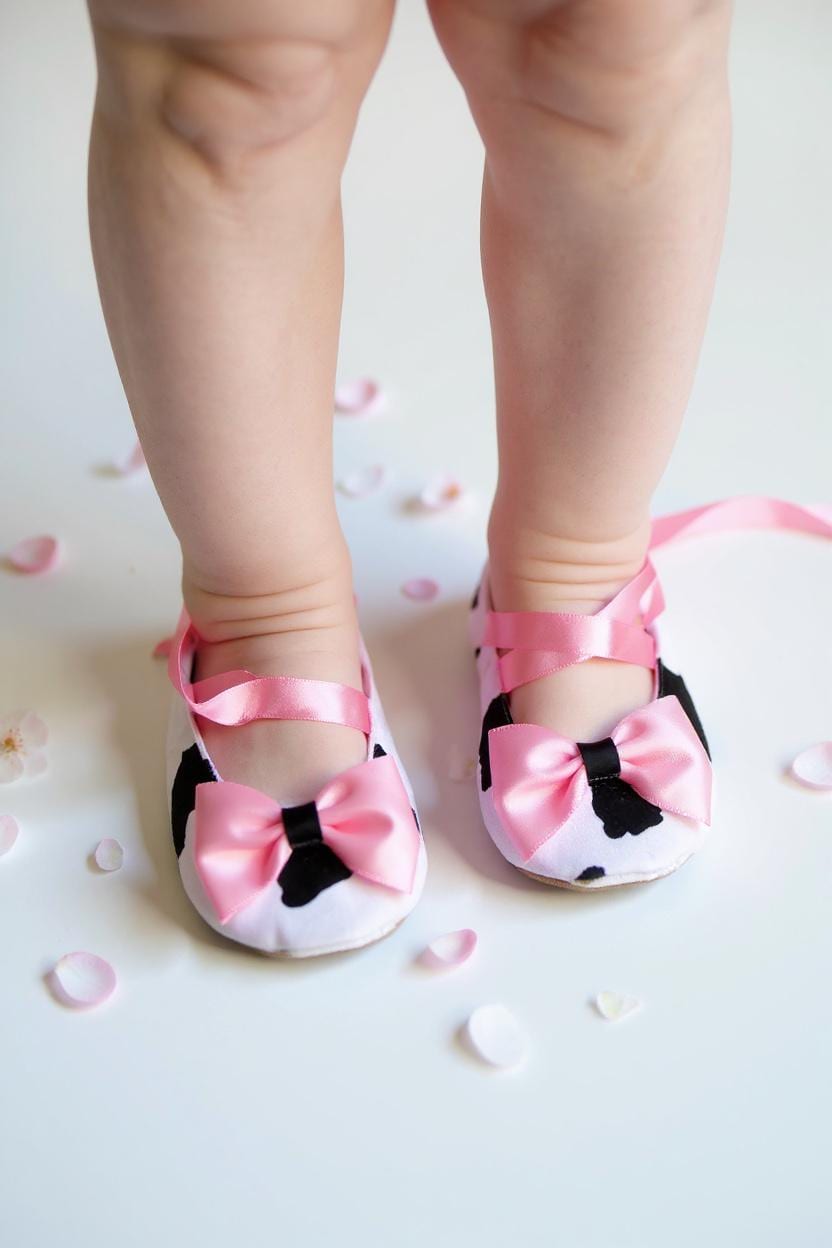 Cow Baby Shoes Soft Ballerina Slippers for Infant Girl Cute Farm Animal Newborn Booties Baby Shower Gift Neutral Nursery Shoes