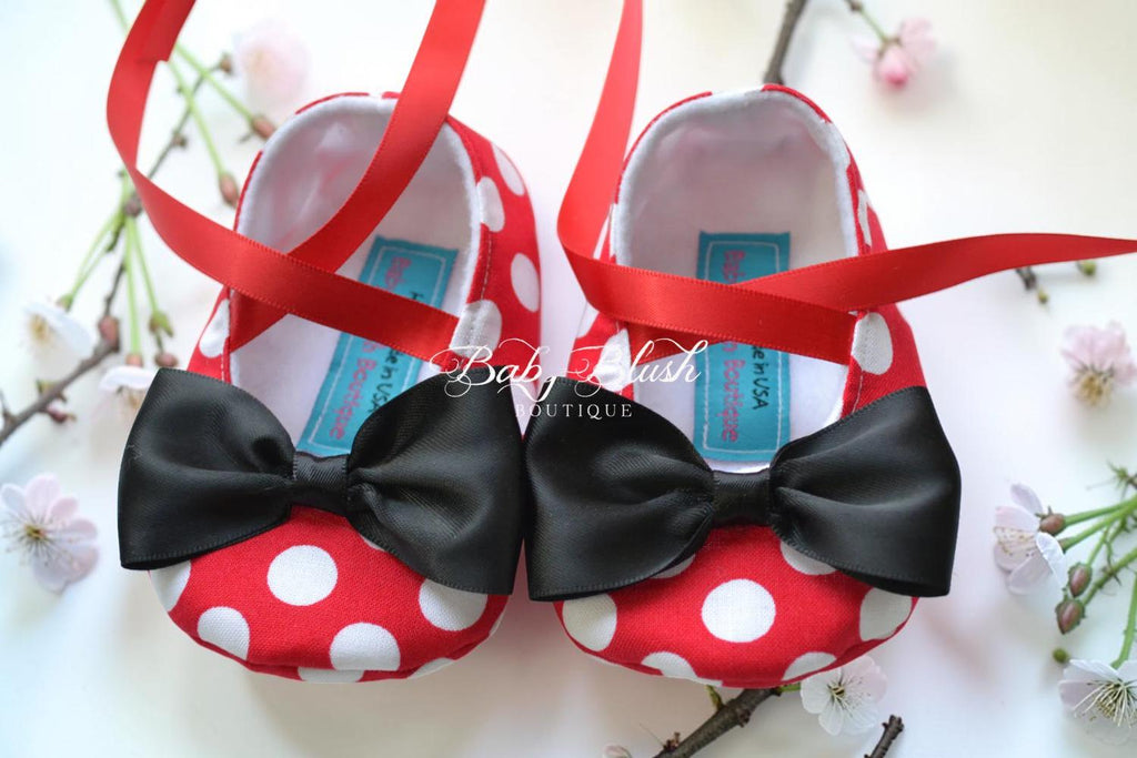 Minnie Inspired Baby Shoes Red Polka Dot Infant Girl Bow Slippers First Birthday Outfit Baby Shower Gift Disney Style Baby Boutique Shoes