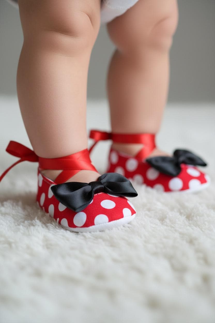 Minnie Inspired Baby Shoes Red Polka Dot Infant Girl Bow Slippers First Birthday Outfit Baby Shower Gift Disney Style Baby Boutique Shoes