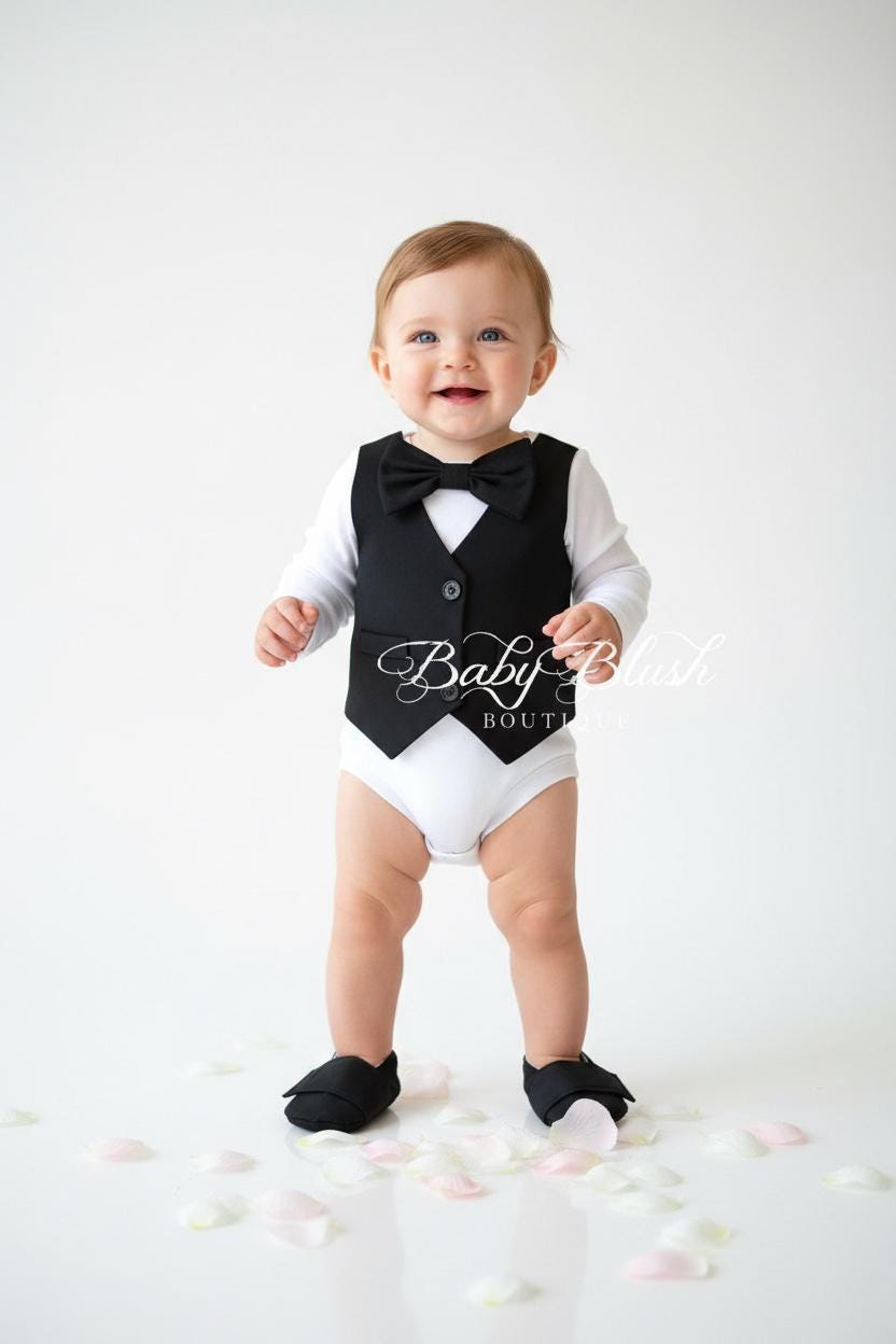 Black Baby Boy Outfit Vest Bow Tie Infant Suit Formal Baby Outfit Wedding Photo Outfit Baby Shower Gift Classic Baby Clothes