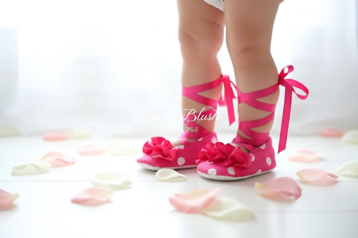 Hot Pink Polka Dot Baby Ballerina Slippers  Infant Girl First Birthday Shoes