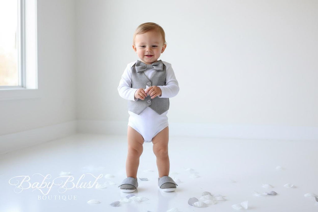 Grey Baby Boy Vest Bow Tie Outfit: Neutral Photo Shoot, Birthday, Shower Clothes