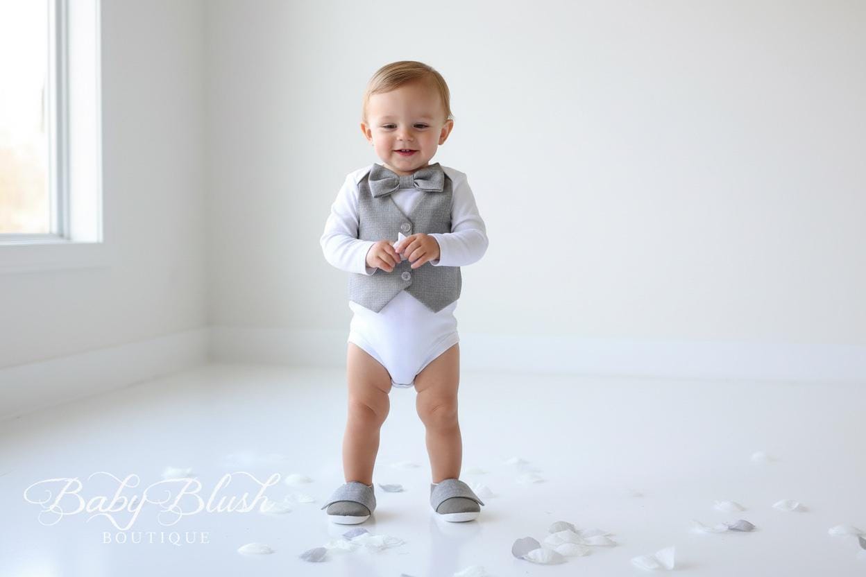 Grey Baby Boy Vest Bow Tie Outfit: Neutral Photo Shoot, Birthday, Shower Clothes
