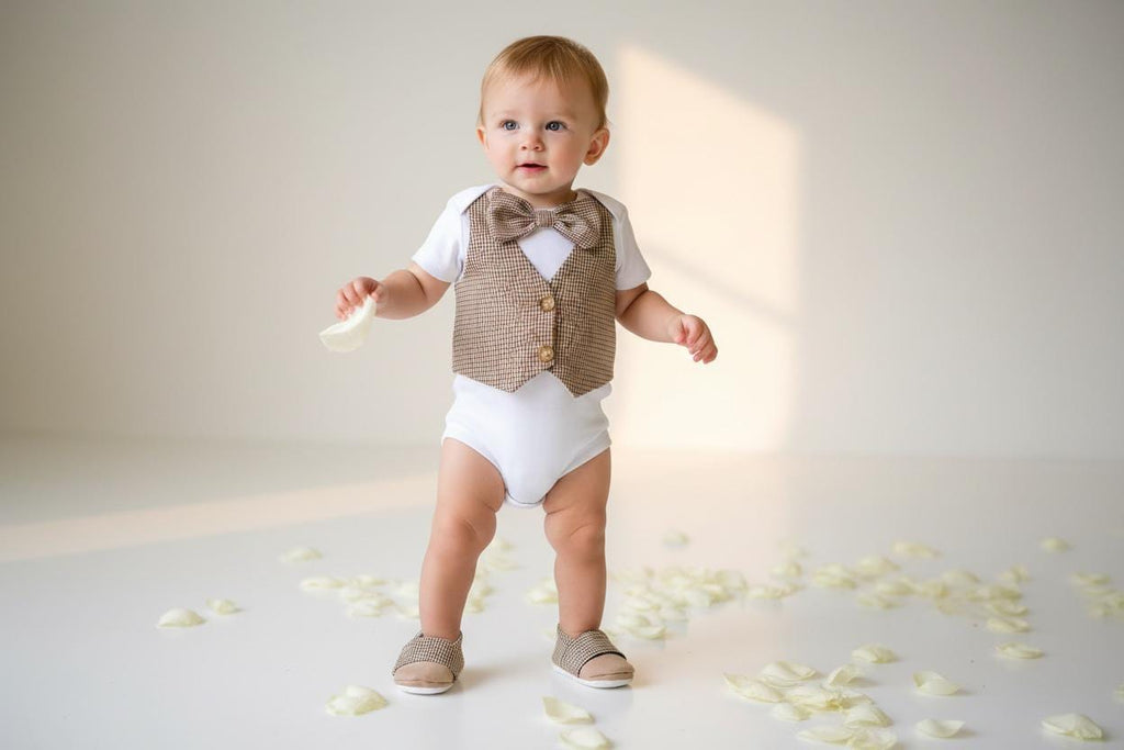 Brown Tan Baby Boy Vest Bow Tie Outfit  Rustic Infant Suit, Photo Clothes