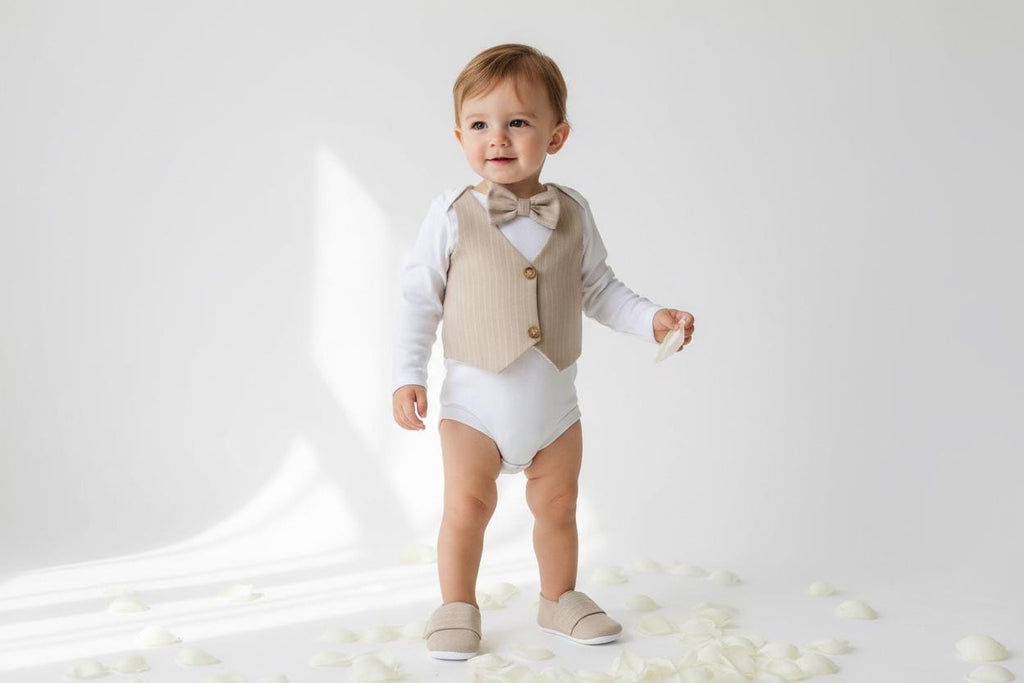 Beige Baby Vest Bow Tie Outfit: Neutral Infant Suit for Photos, Birthdays