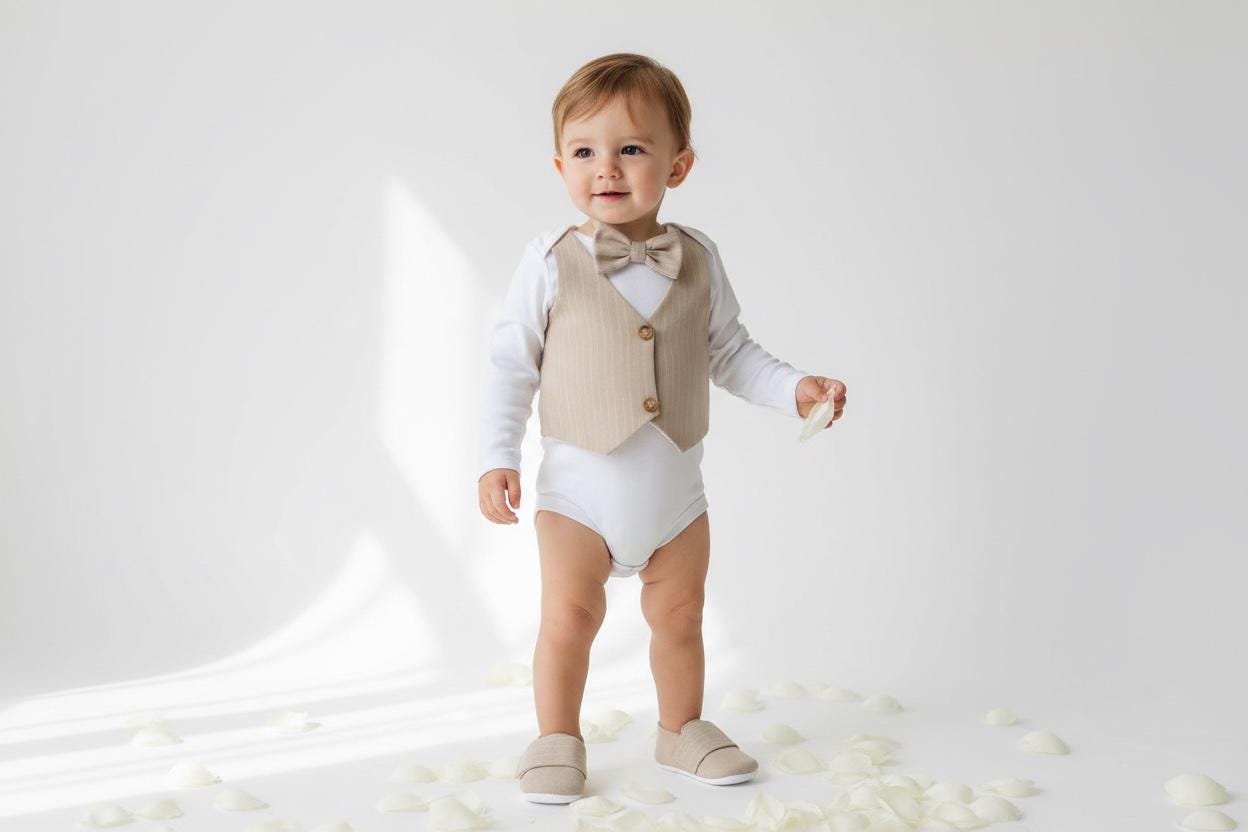 Beige Baby Vest Bow Tie Outfit: Neutral Infant Suit for Photos, Birthdays