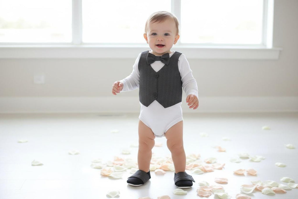 Dark Grey Baby Vest Bow Tie Outfit  Formal Infant Suit for Photos, Birthdays