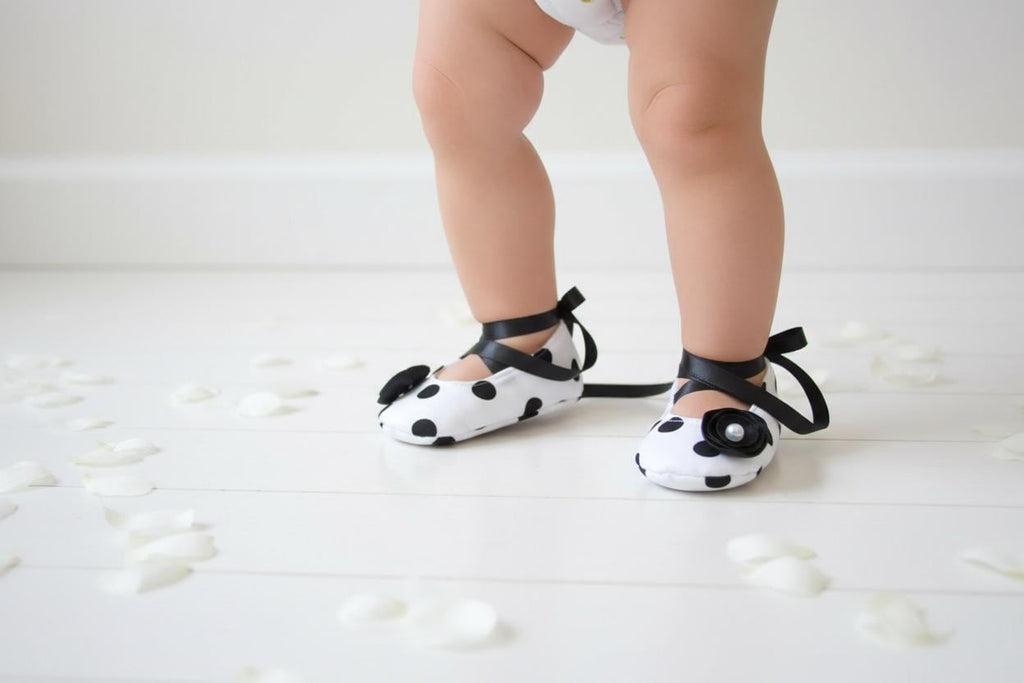 Black White Polka Dot Baby Ballerina Slippers  Classic Newborn Baby Shower Boutique Shoes