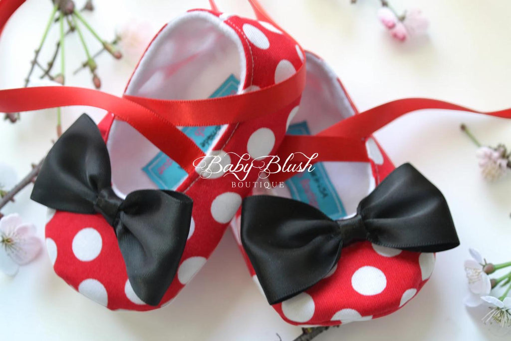 Minnie Inspired Baby Shoes Red Polka Dot Infant Girl Bow Slippers First Birthday Outfit Baby Shower Gift Disney Style Baby Boutique Shoes