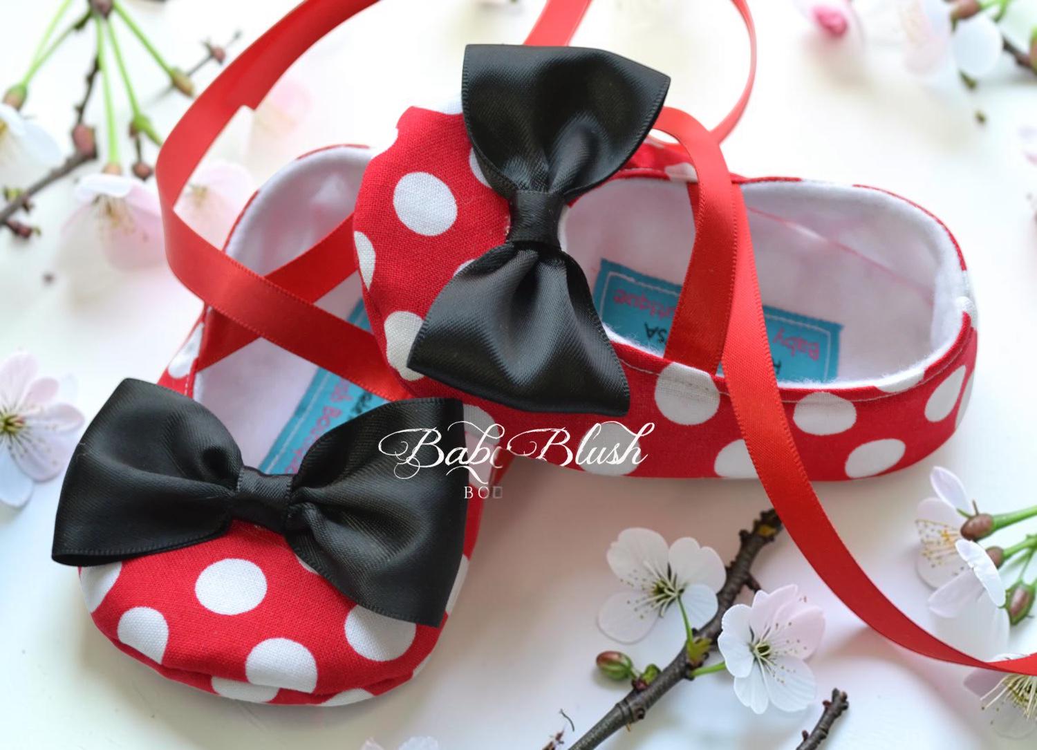 Minnie Inspired Baby Shoes Red Polka Dot Infant Girl Bow Slippers First Birthday Outfit Baby Shower Gift Disney Style Baby Boutique Shoes