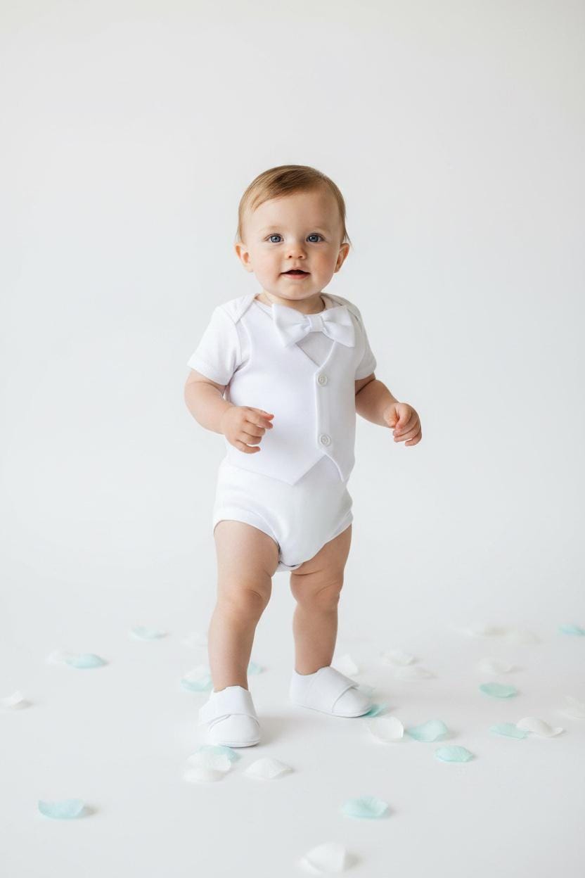 All White Baby Boy Outfit Vest Bow Tie Newborn Coming Home Outfit Christening Baptism Baby Suit Photo Outfit Baby Shower Gift