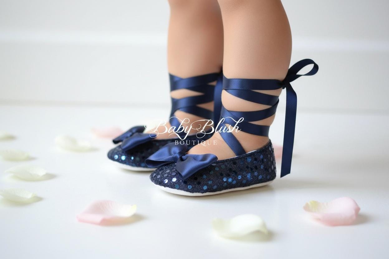Navy Blue Sequin Baby Shoes Sparkle Infant Ballerina Slippers Baby Boy Girl Dress Shoes Birthday Outfit Baby Shower Gift Boutique Shoes