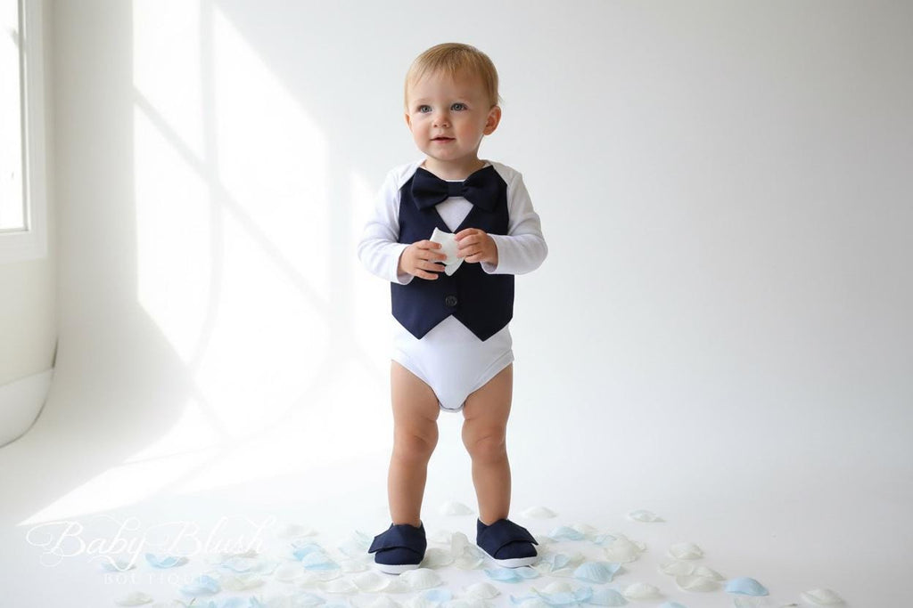 Navy Blue Baby Boy Vest Bow Tie Outfit  Formal Wedding Photo Birthday Clothes