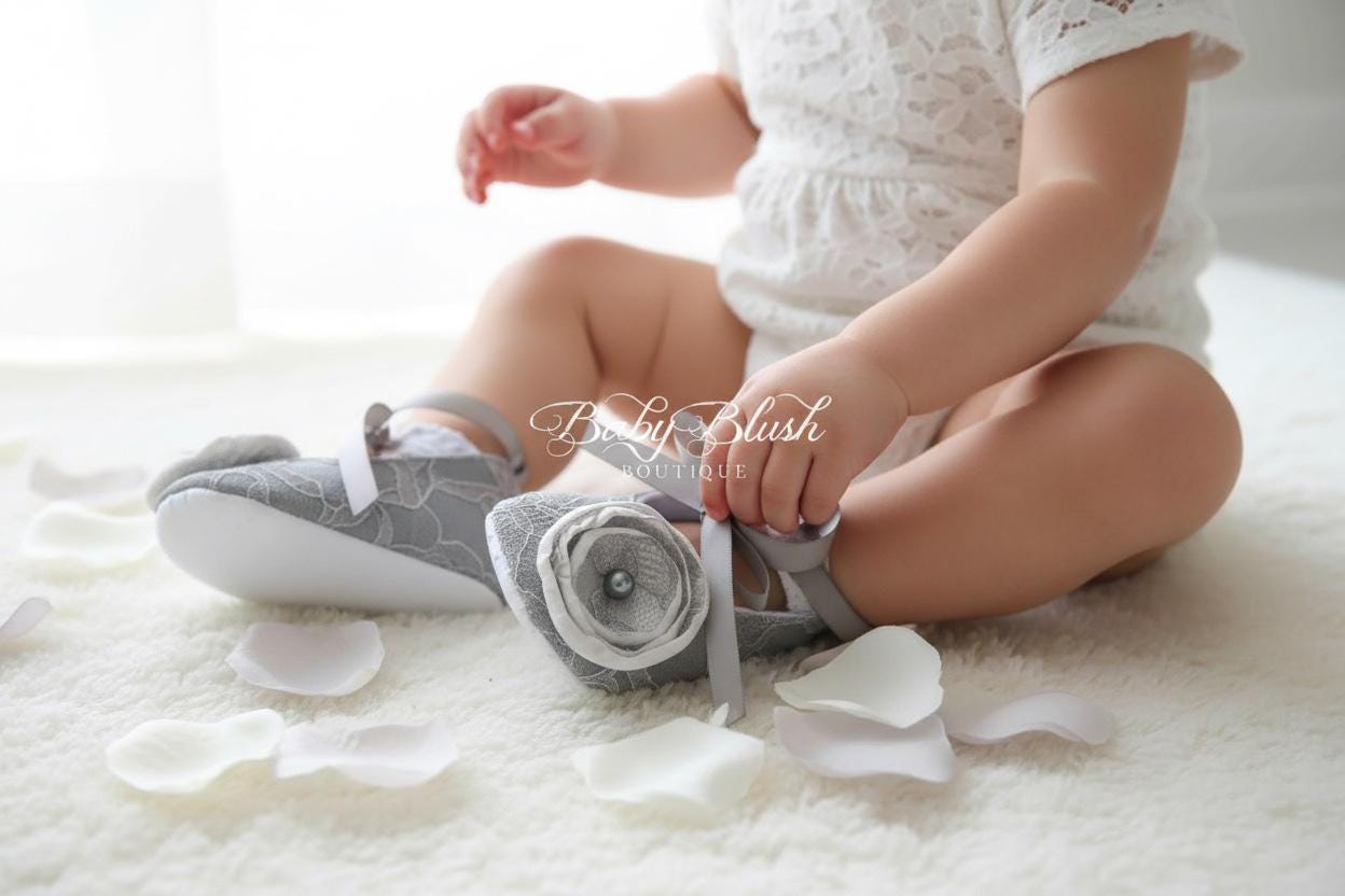Grey Lace Baby Shoes: Vintage Infant Ballerina Slippers, Newborn Photo Outfit, Baby Shower Gift
