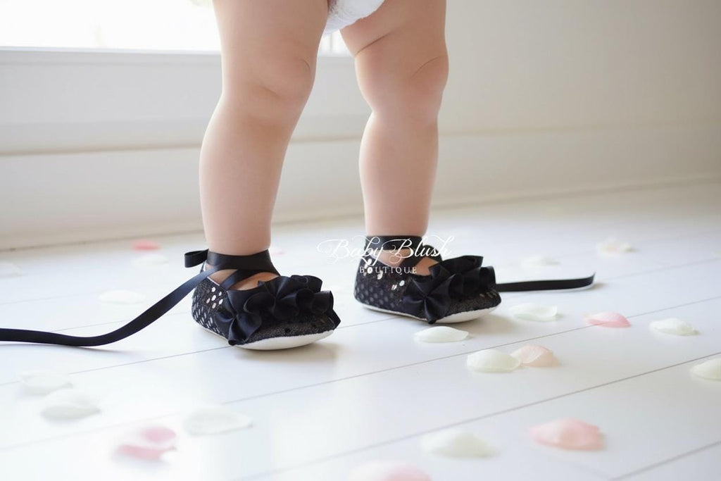 Black Sequin Baby Ballerina Slippers  Sparkle Infant Dress Shoes, Holiday Outfit, Photo Prop