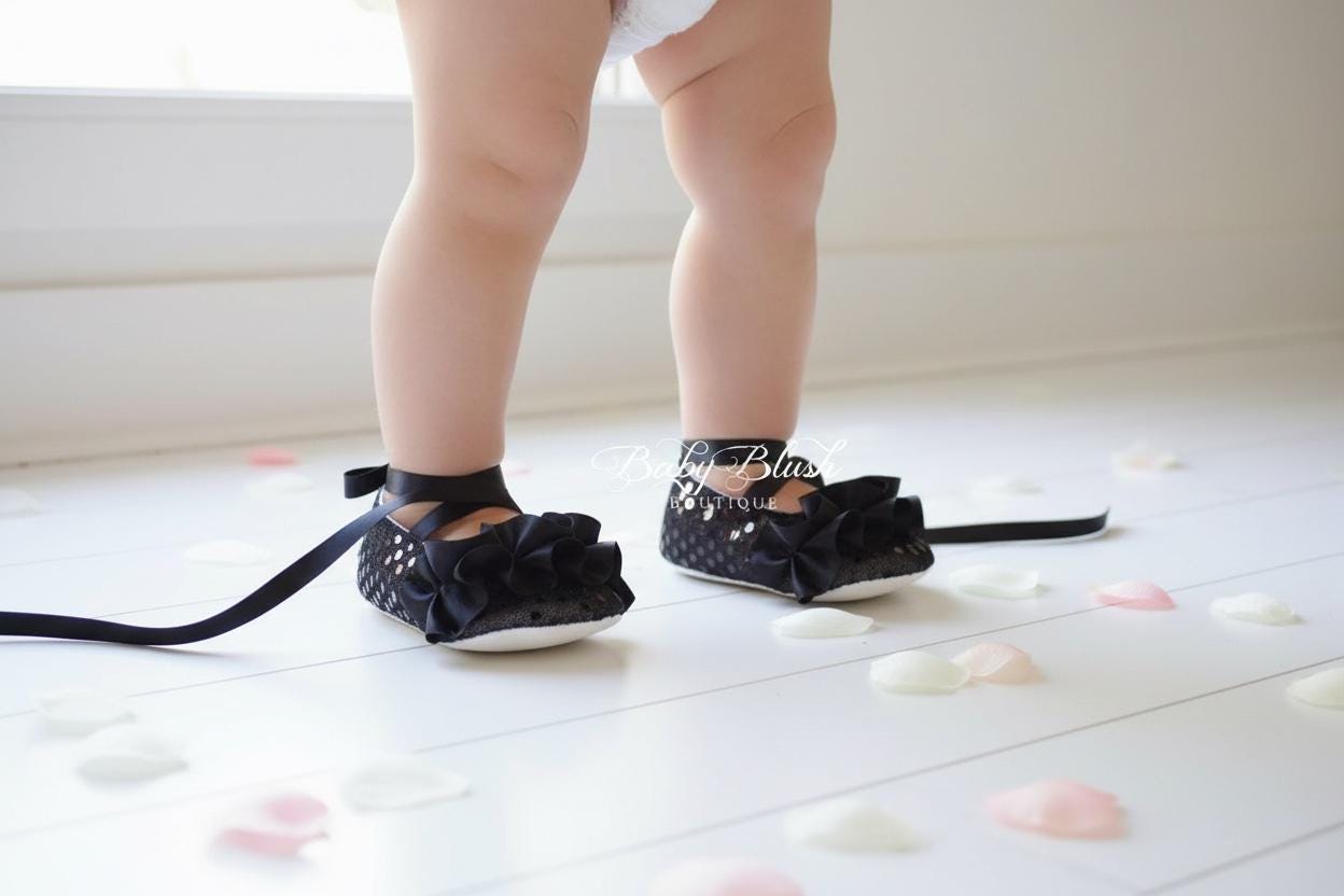 Black Sequin Baby Ballerina Slippers  Sparkle Infant Dress Shoes, Holiday Outfit, Photo Prop