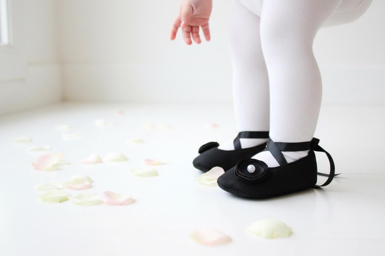 All Black Infant Ballerina Slippers  Soft Baby Dress Shoes, Newborn Photo Prop