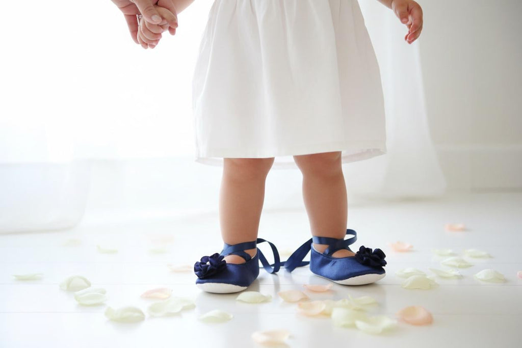 Navy Blue Satin Baby Ballerina Slippers  Elegant Infant Dress Shoes