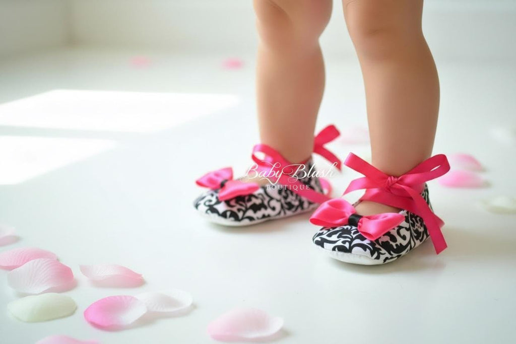 Black White Damask Baby Ballerina Slippers  Elegant Infant Dress Shoes, Photo Outfit
