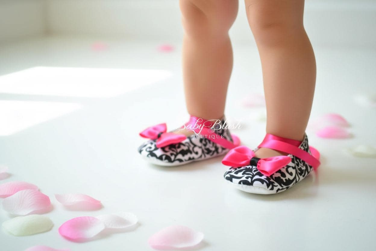 Black White Damask Baby Ballerina Slippers  Elegant Infant Dress Shoes, Photo Outfit